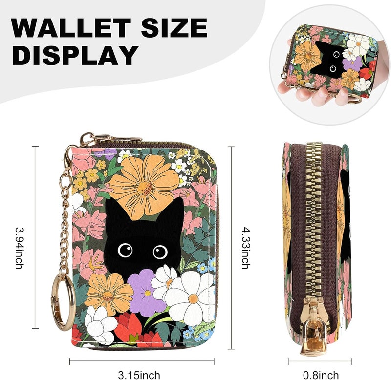 Luoycxy Credit Card Holder for Women,Small Rfid Wallet with Keychain Zipper,Cute PU Leather Card Case Wallet，Accordion Credit Card Wallets Gift,Colorful Flowers and Cats - Image 4